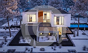 3d rendering of modern house with garden in winter night