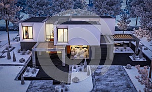 3d rendering of modern house with garden in winter night