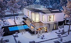 3d rendering of modern house with garden in winter night