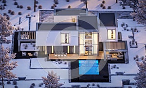 3d rendering of modern house with garden in winter night