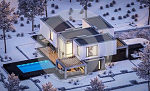 3d rendering of modern house with garden in winter night