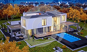 3d rendering of modern house by the river photo