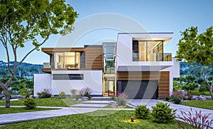 3d rendering of modern house by the river at evening