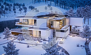 3d rendering of modern house by the river in winter night