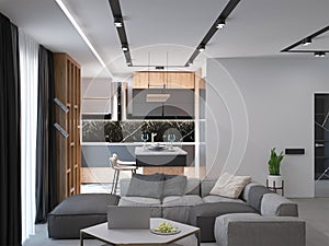 3d rendering of modern kithcen and living room interior photo