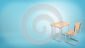 Trojrozmerný obraz vytvorený pomocou počítačového modelu z svetlo drevo sada vyrobený z stoličky stôl vysoká škola študenti 