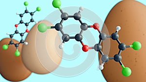 A 3D rendering of molecular model of dioxin and egg.