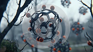 A 3D rendering of a molecular structure with orange spheres and black hexagonal lattice.