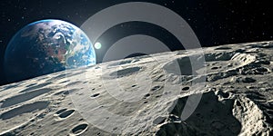 Moon surface view with planet Earth