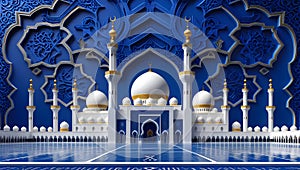 3D rendering of a mosque featuring intricate blue and white decorative elements