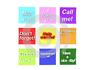 3D Rendering of multi colored post it notes with various messages