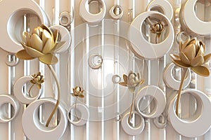 3d rendering mural wallpaper abstract with golden flowers ornament and silver gold background