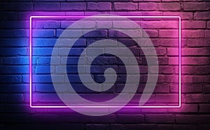 A 3D rendering of a neon light frame shining against a brick wall background