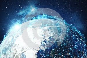 3D rendering Network and data exchange over planet earth in space. Connection lines Around Earth Globe. Global