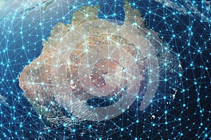 3D rendering Network and data exchange over planet earth in space. Connection lines Around Earth Globe. Global