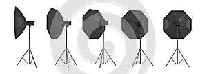 3d rendering of an octobox lighting set on a stand in different angles.
