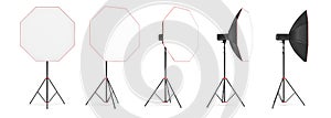 3d rendering of an octobox lighting set on a stand in different angles.
