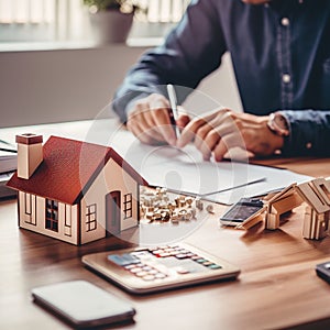 3D rendering of an office desk with a small home  building construction