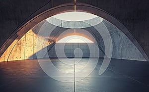 In a 3D rendering, old dark concrete walls are shown to form a tunnel through which light rays pass