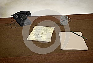 3D rendering: old fashioned still life, desk with vintage telephone and handwriting sheets