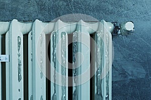 3d rendering of an old heat radiator covered with ice because of
