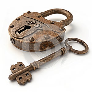3D rendering of old lock and key