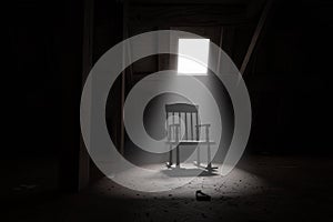 3d rendering of old rocking chair illuminated by light ray at dark attic. Concept age and past