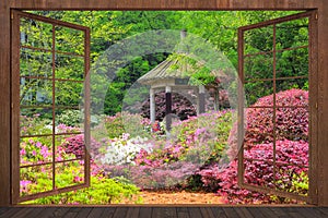 3d rendering of open wooden windows with a view of the waterfall photo