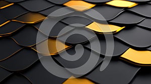 A 3D rendering of overlapping black and gold shapes, creating a dynamic and abstract pattern.