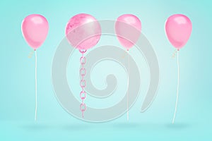 3d rendering of overturned pink wrecking ball hangs on a blue background among several pink party balloons.
