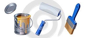 3d rendering, paint roller brush and bucket, painting tools isolated on white background, renovation clip art