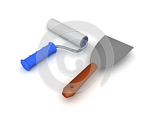 3D Rendering of paint roller and paint scraper