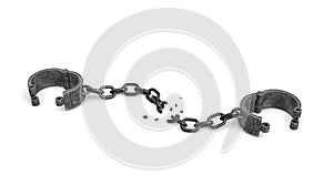 3d rendering of a pair of open metal shackles with a broken chain link on white background. photo