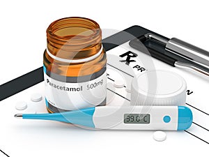 3d rendering of paracetamol pills with thermometer photo