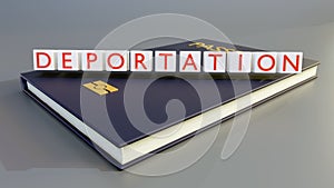 A 3D rendering of a passport and the word 'DEPORTATION'