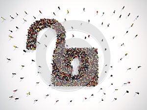 3D Rendering of people forms an open lock