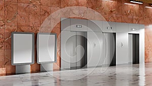 3D rendering perspective front elevator doors with two signboard