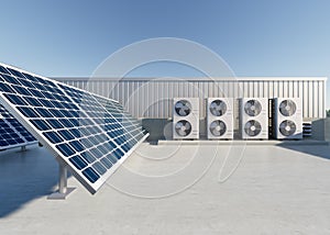 3d rendering of solar panel and condenser unit.