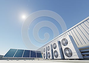 3d rendering of condenser unit and solar panel.