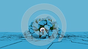 3D rendering of a pile of blue stones over a blue surface. A one-eyed Cyclops is hiding in the rocks. Abstract the idea of danger