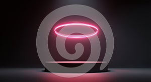 3d rendering of a pink, glowing ring flying above a black podium on a dark background with copy space, featuring a glowing light