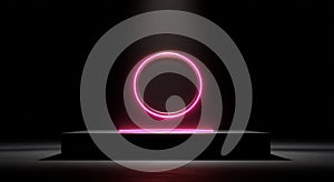 3d rendering of a pink, glowing ring flying above a black podium on a dark background with copy space, featuring a glowing light