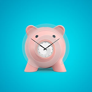 3d rendering of pink piggy bank with clock instead of snout and long black clock hands on blue background