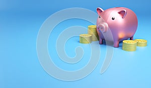 3D rendering pink piggy bank and coinstack