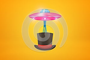 3d rendering of pink UFO carrying black tophat with red ribbon below it on amber background. photo