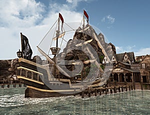 3D Rendering Pirate Treasure Islnad