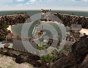 3D Rendering Pirate Treasure Islnad