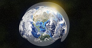 3D rendering of planet earth from space in the clouds you can see America on a starry background the sun is coming out