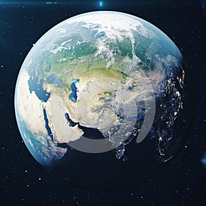 3D Rendering Planet earth from the space at night. The World Globe from Space in a star field showing the terrain and