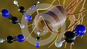 3d rendering of Pseudomonas fluorescens and cyanide molecules